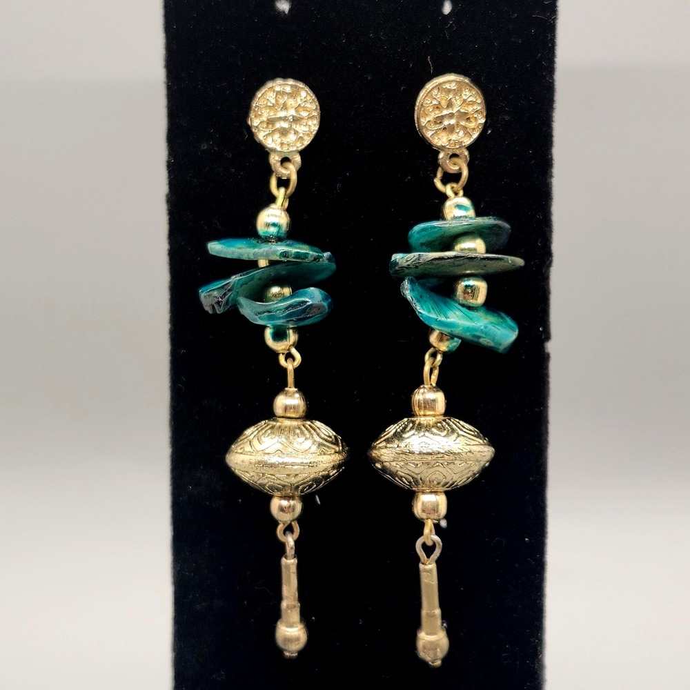 VINTAGE GREEN‎ STONE LONG HANGING EARRINGS